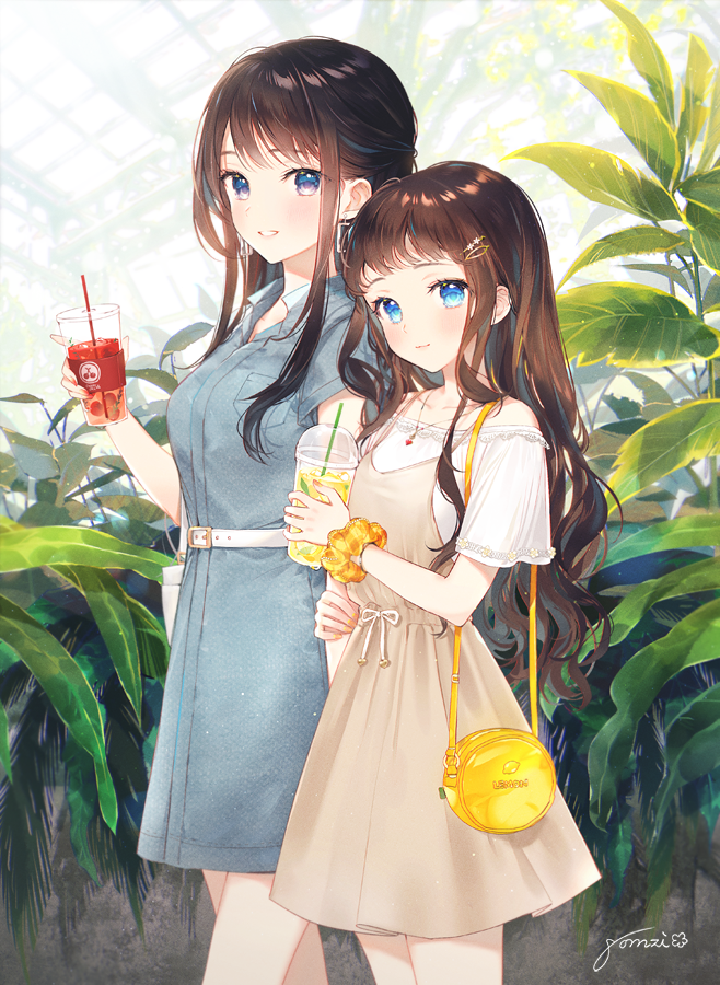 2girls bag bangs blue_dress blue_eyes blush breasts brown_dress brown_hair brown_scrunchie closed_mouth commentary_request cup disposable_cup dress drink drinking_straw eyebrows_visible_through_hair gomzi hair_ornament hairclip holding holding_cup long_hair looking_at_viewer medium_breasts multiple_girls off-shoulder_shirt off_shoulder original parted_lips plaid plaid_scrunchie scrunchie shirt short_sleeves shoulder_bag signature sleeveless sleeveless_dress smile very_long_hair white_shirt wrist_scrunchie