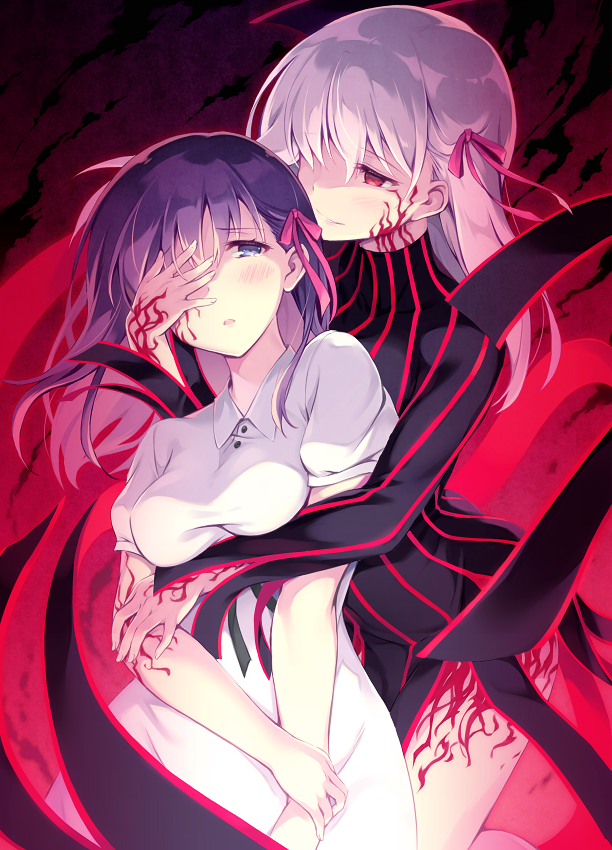 2girls arm_grab arm_under_breasts bangs black_dress blue_eyes blush breasts commentary_request corruption covering_one_eye dark_persona dark_sakura dress dual_persona fate/stay_night fate_(series) grabbing hair_ribbon hand_on_another's_face heaven's_feel itoichi. large_breasts long_hair long_sleeves looking_at_another looking_at_viewer matou_sakura medium_breasts multiple_girls parted_lips pink_ribbon purple_eyes purple_hair red_eyes ribbon smile striped striped_dress vertical-striped_dress vertical_stripes white_dress white_hair