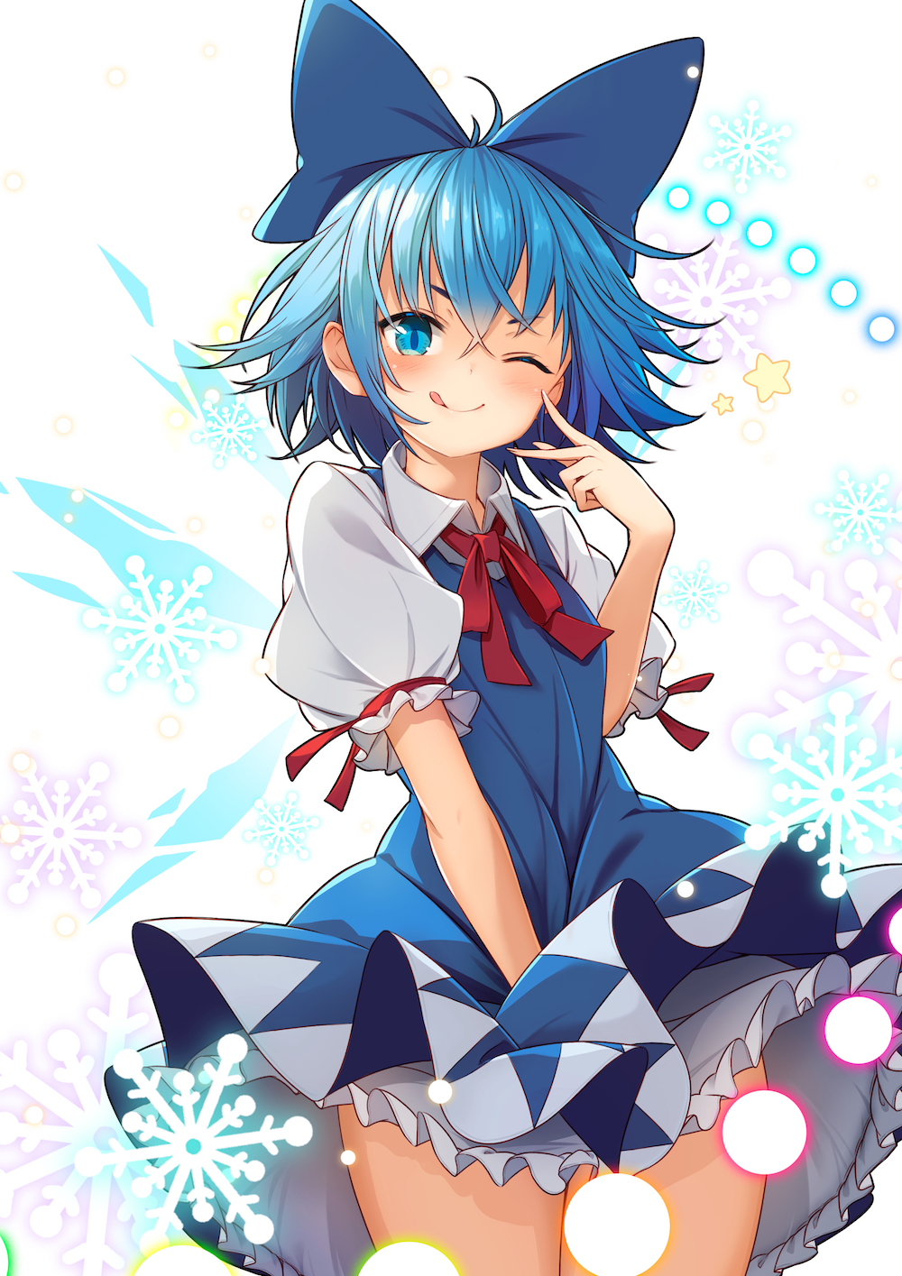 .sin 1girl blue_bow blue_dress blue_eyes blue_hair bow cirno closed_mouth collared_shirt cowboy_shot dress hair_bow highres ice ice_wings looking_at_viewer neck_ribbon one_eye_closed puffy_short_sleeves puffy_sleeves red_neckwear ribbon shirt short_hair short_sleeves simple_background sleeveless sleeveless_dress smile solo tongue tongue_out touhou white_background white_shirt wing_collar wings