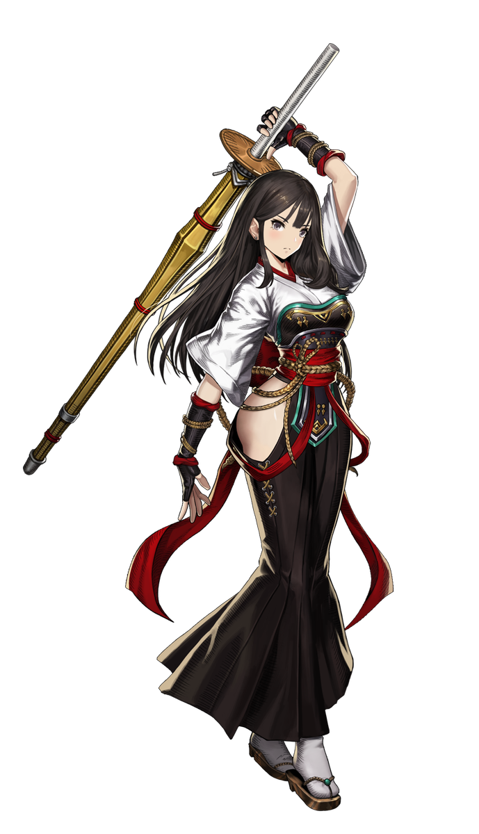 1girl arm_up bougu breastplate breasts brown_dust earrings fingerless_gloves gloves grey_eyes hair_between_eyes highres hip_vent holding holding_sword holding_weapon huge_weapon japanese_clothes jewelry large_breasts official_art shinai sword tabi ventana_(brown_dust) weapon