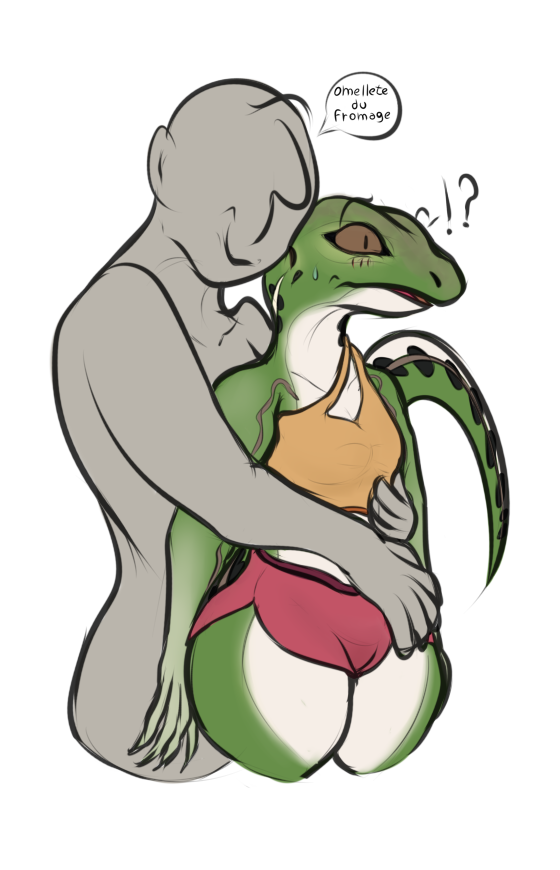 alpha_channel anon anthro blush bra breasts clothing colored_sketch confusion duo female hug human larger_human lizard male male/female mammal reptile scalie size_difference small_breasts smaller_anthro sports_bra sportswear tagme underwear vagoncho