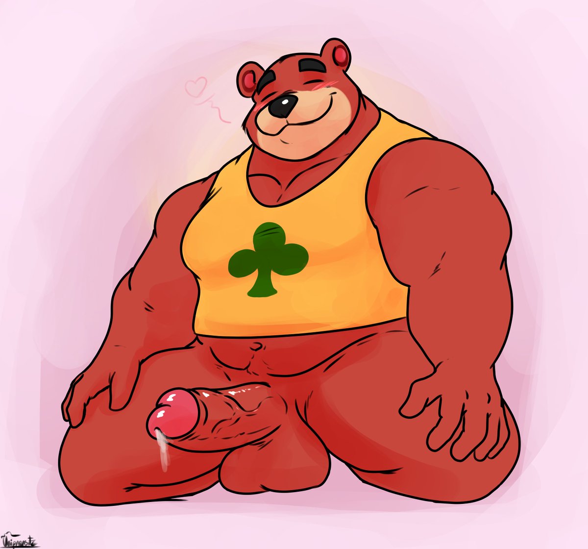 2020 animal_crossing anthro balls belly black_nose clothing erection genitals humanoid_genitalia humanoid_penis male mammal nintendo overweight overweight_anthro overweight_male penis shirt solo teddy_(animal_crossing) topwear uniparasite ursid video_games