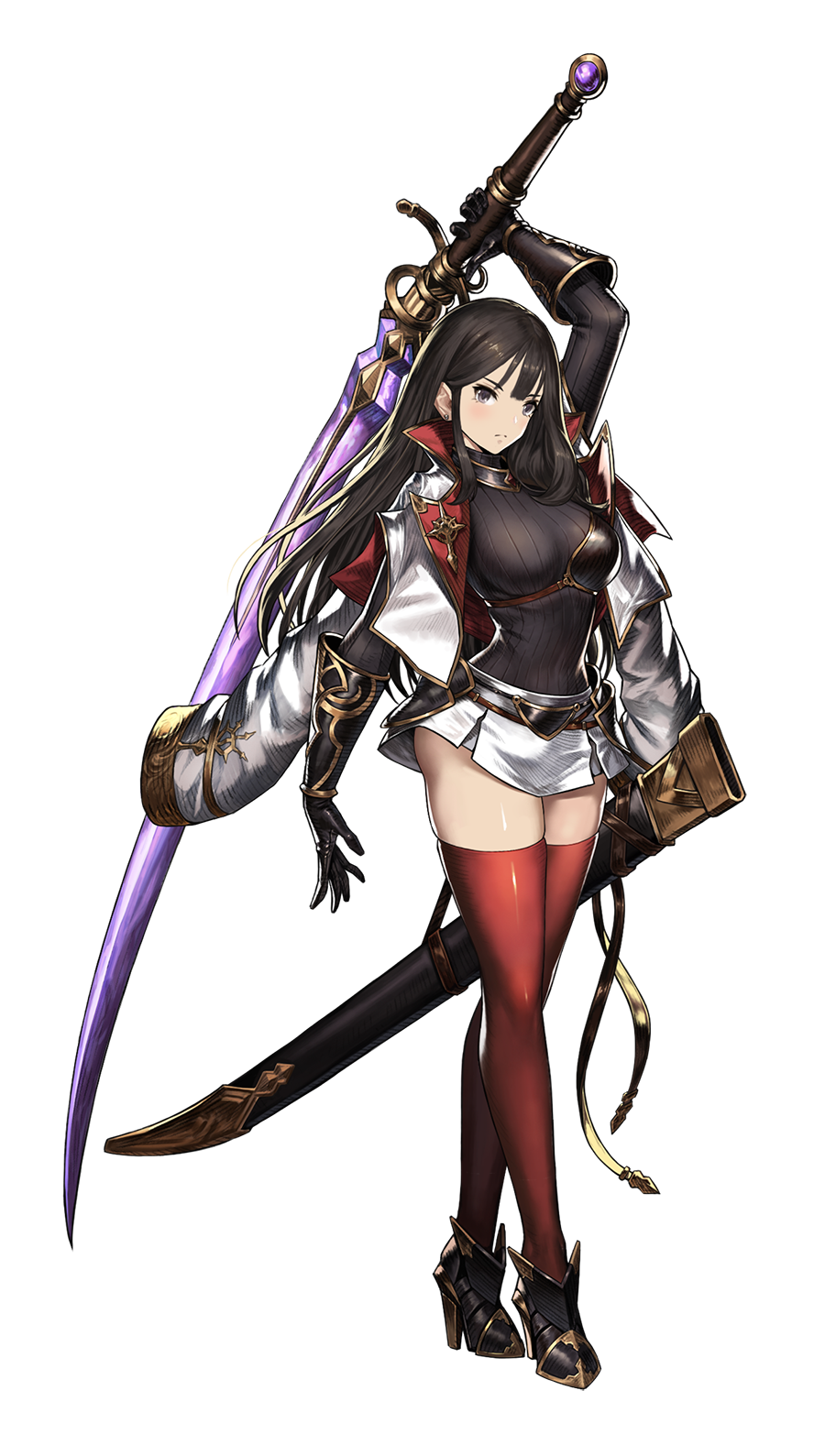 1girl arm_up armored_shoes black_hair breastplate breasts brown_dust earrings gauntlets grey_eyes hair_between_eyes highres holding holding_sword holding_weapon huge_weapon jacket jacket_on_shoulders jewelry katana large_breasts long_hair miniskirt official_art ootachi red_legwear ribbed_shirt serious sheath shirt skindentation skirt sword thighhighs ventana_(brown_dust) weapon wide_sleeves