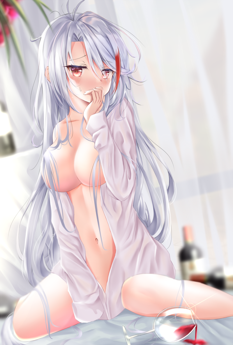 1girl antenna_hair azur_lane bangs blush bom_(bomspo7777) bottomless breasts collarbone dress_shirt hair_censor hair_over_breasts large_breasts long_hair looking_at_viewer messy_hair multicolored_hair naked_shirt navel on_bed open_clothes open_shirt prinz_eugen_(azur_lane) red_hair shirt silver_hair sitting solo streaked_hair very_long_hair wariza white_shirt