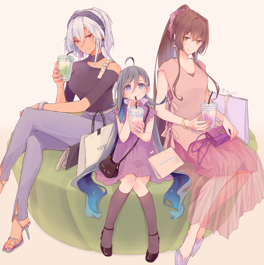 3girls ahoge alternate_costume bag bangle black_legwear blue_hair bracelet breasts brown_eyes brown_hair colis crossed_legs cup dark_skin disposable_cup dress drinking drinking_straw earrings glasses grey_hair hair_between_eyes hair_ornament hair_ribbon hair_scrunchie hairband handbag high_heels jewelry kantai_collection kiyoshimo_(kantai_collection) kneehighs long_hair low_twintails multicolored_hair multiple_girls musashi_(kantai_collection) nail_polish pants pink_dress ponytail purple_dress purple_eyes red_eyes ribbon scrunchie shopping_bag sitting smile toenail_polish twintails twitter_username two-tone_hair white_hair yamato_(kantai_collection)