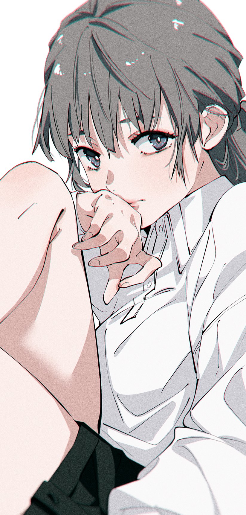 1girl black_shorts blue_eyes brown_hair close-up hand_to_own_mouth highres looking_at_viewer original shiomi_(lowrise) shirt shorts solo white_background white_shirt
