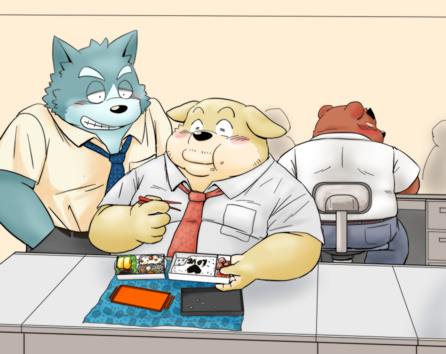 2020 anthro bento_box black_nose blush bottomwear brown_body brown_fur canid canine canis clothing domestic_dog eating food fur group kemono male mammal necktie overweight overweight_male pants shirt sitting topwear toshi_(artist) ursid