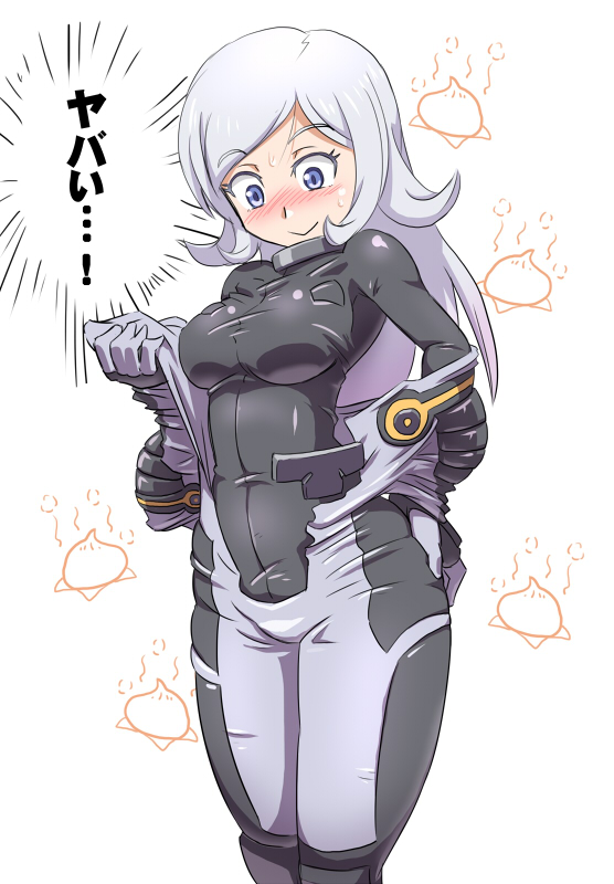 1girl aila_jyrkiainen baozi blue_eyes blush bodysuit breasts food gundam gundam_build_fighters king_of_unlucky looking_down medium_breasts pilot_suit silver_hair solo translated weight_conscious
