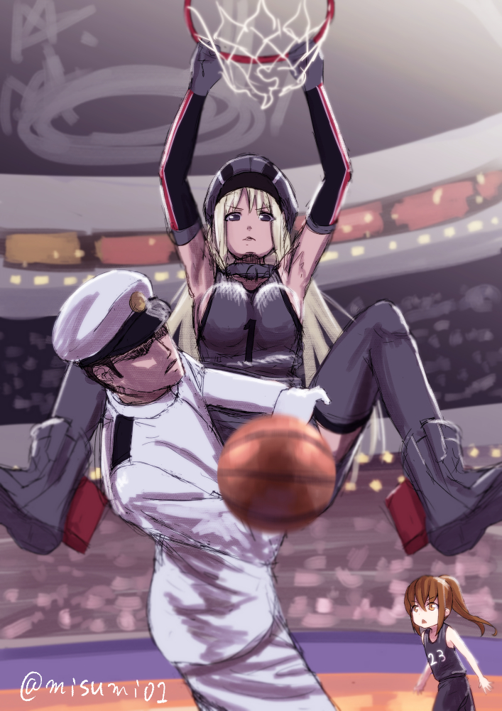 1boy 2girls ball bangs basketball basketball_hoop basketball_uniform bismarck_(kantai_collection) blonde_hair blurry blurry_background boots breasts brown_hair elbow_gloves fumizuki_(kantai_collection) gloves hat jersey kantai_collection long_hair m_legs misumi_(niku-kyu) multiple_girls open_mouth peaked_cap ponytail shaded_face sportswear spread_legs thighhighs twitter_username