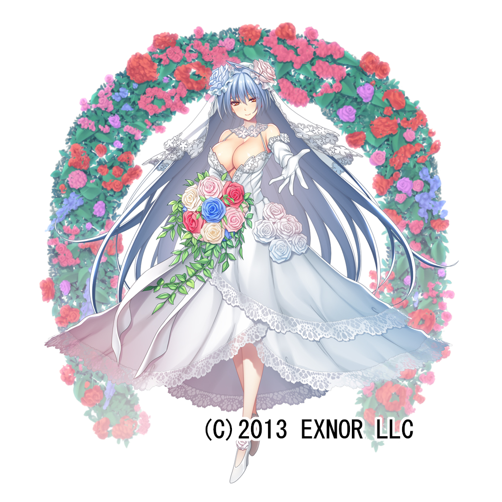 1girl ahoge asa_(xametaler) bare_shoulders blue_hair breasts cleavage commentary_request dress elbow_gloves eyebrows_visible_through_hair flower full_body gloves hair_between_eyes high_heels huge_ahoge large_breasts long_hair looking_at_viewer official_art rose sennen_sensou_aigis simple_background smile solo veil very_long_hair wedding_dress white_background yellow_eyes