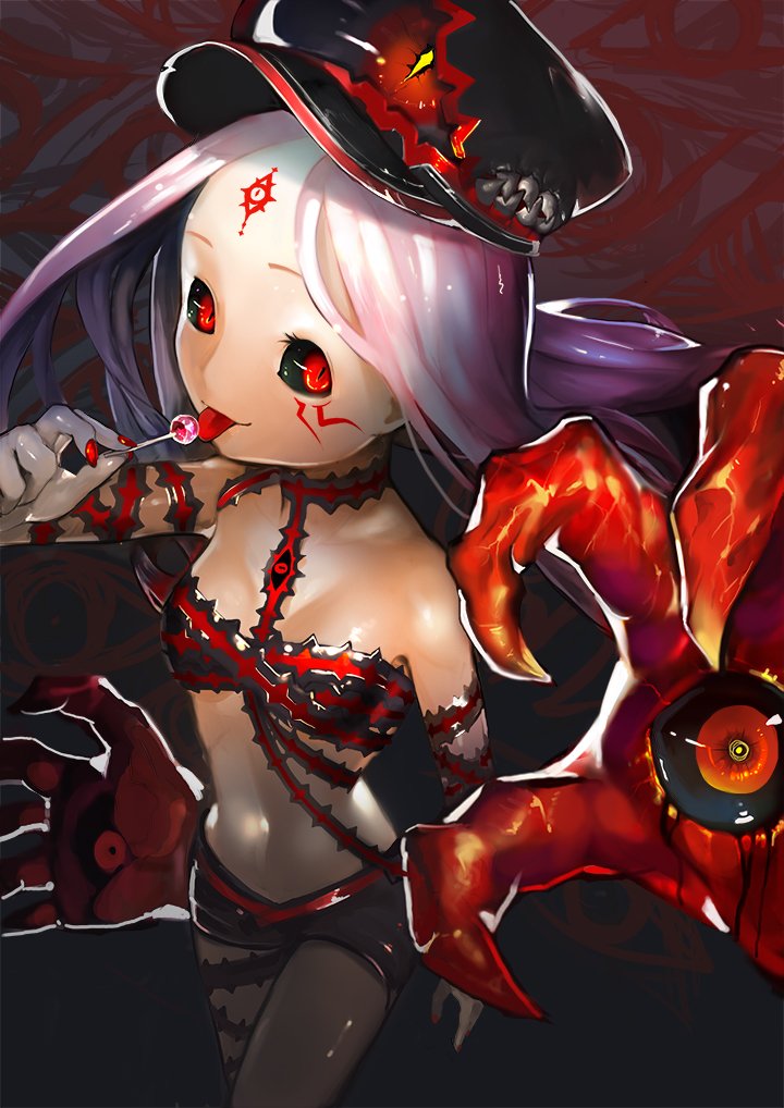 1girl bare_shoulders black_headwear black_sclera candy claws crying extra_eyes extra_hands eyeball facial_mark fingernails food goblina hat holding holding_candy holding_food holding_lollipop licking liquid lollipop long_hair open_hands orange_eyes original purple_hair red_eyes red_nails sharp_teeth slit_pupils solo teeth third_eye thorns tongue tongue_out wide-eyed