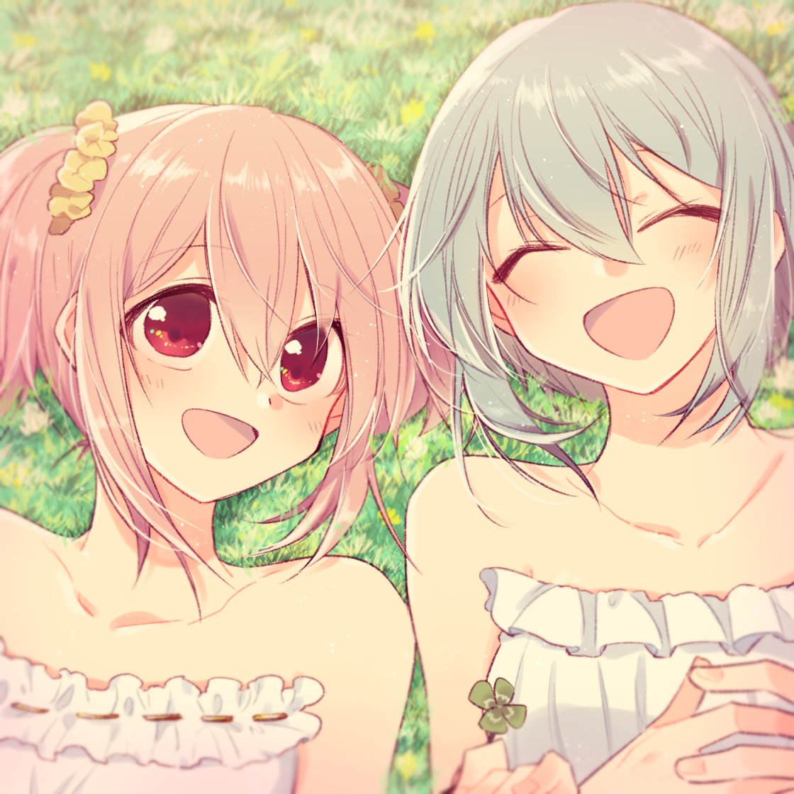 2girls :d ^_^ arms_at_sides bare_arms bare_shoulders blue_hair blurry blurry_background close-up closed_eyes clover collarbone commentary_request depth_of_field dot_nose eyebrows_visible_through_hair facing_viewer field fingernails flower flower_field four-leaf_clover frills from_above grass hair_between_eyes hands_on_own_chest happy jitome kaname_madoka lace light_blush light_particles looking_up lying mahou_shoujo_madoka_magica miki_sayaka mizuki_(flowerlanguage) multiple_girls nature on_back on_ground open_mouth outdoors own_hands_together pink_eyes pink_hair plant scrunchie shiny shiny_hair short_hair short_twintails side-by-side sidelocks smile strapless twintails upper_body white_flower yellow_flower yellow_scrunchie