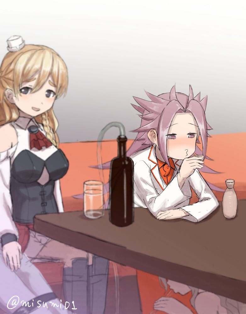 3girls alcohol bangs blonde_hair blurry bottle braid breasts commentary_request cup drinking gradient gradient_background grey_hair hat jun'you_(kantai_collection) kantai_collection long_hair long_sleeves magatama mini_hat misumi_(niku-kyu) multiple_girls o3o open_mouth pola_(kantai_collection) purple_hair simple_background sitting spiked_hair tube zara_(kantai_collection)