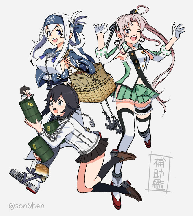 3girls ainu_clothes akitsushima_(kantai_collection) anchor_hair_ornament antenna_hair armpit_cutout bandaged_leg bandages bangs basket black_hair black_skirt breasts crate drum_(container) earrings fairy_(kantai_collection) folded_ponytail fur_trim gloves grey_background grey_hair hair_ornament hair_ribbon hat hayasui_(kantai_collection) headband jacket jewelry kamoi_(kantai_collection) kantai_collection kneehighs large_breasts leg_garter long_hair mini_hat multiple_girls one_eye_closed open_mouth pleated_skirt ponytail ribbon shimin short_hair side_ponytail simple_background skirt small_breasts thighhighs track_jacket twitter_username white_gloves white_hair