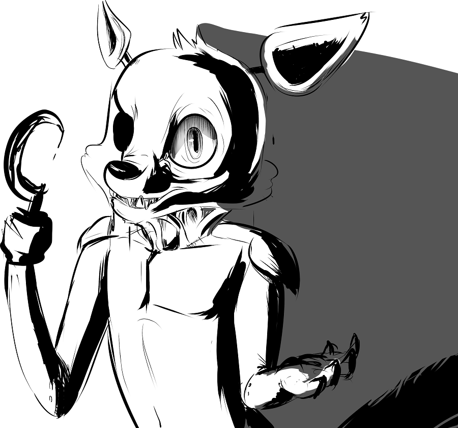2014 anthro dacad eye_patch eyewear five_nights_at_freddy's foxy_(fnaf) hook_hand male monochrome simple_background solo video_games white_background