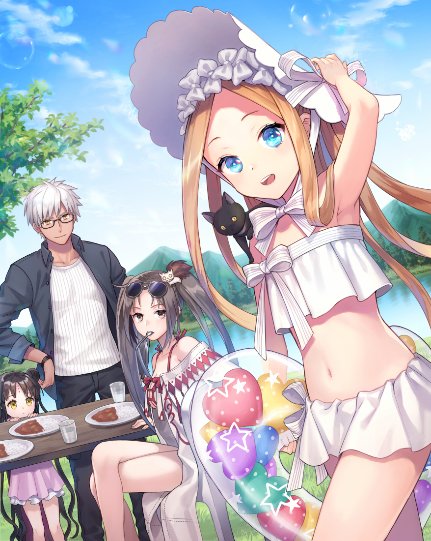 1boy 3girls abigail_williams_(fate/grand_order) abigail_williams_(swimsuit_foreigner)_(fate) archer bangs bare_shoulders bikini black_hair blonde_hair blue_eyes blue_sky blush bonnet bow breasts brown_eyes brown_hair chair cleavage consort_yu_(fate) double_bun dress_swimsuit earrings eyewear_on_head facial_mark fate/grand_order fate/stay_night fate_(series) forehead forehead_mark hair_bow hair_ornament innertube jewelry long_hair looking_at_viewer medium_breasts miniskirt multiple_earrings multiple_girls navel open_clothes parted_bangs pink_swimsuit robe sesshouin_kiara sesshouin_kiara_(lily) sidelocks sitting skirt sky small_breasts smile spoon spoon_in_mouth summer_casual_(fate/grand_order) sunglasses swimsuit table thighs twintails very_long_hair wavy_hair white_bikini white_bow white_hair white_headwear yamyom yellow_eyes yu_miaoyi_(swimsuit_lancer)