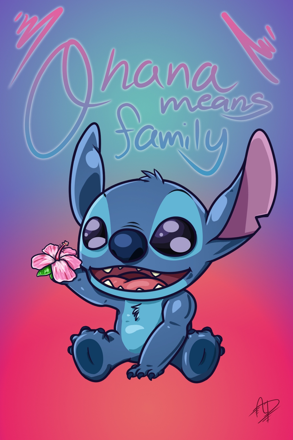 2015 2:3 4_fingers 4_toes alien arrrain blue_body blue_fur blue_nose blue_pawpads chest_tuft chibi claws disney english_text experiment_(lilo_and_stitch) fingers flower fur gradient_background hawaiian_text head_tuft hi_res hibiscus lilo_and_stitch notched_ear open_mouth open_smile pawpads plant purple_inner_ear simple_background sitting smile solo stitch_(lilo_and_stitch) teeth text toe_claws toes tuft