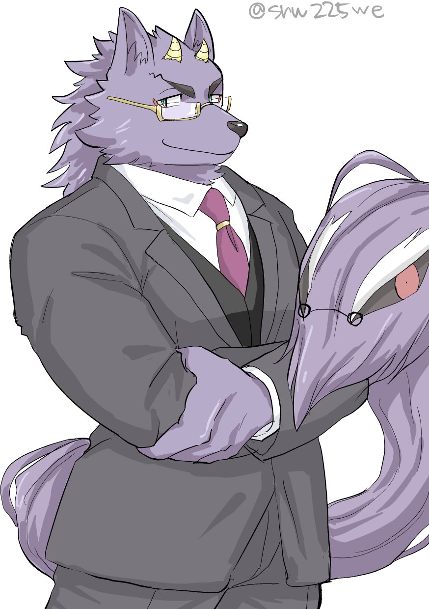 anthro bathym canid canine canis clothing demon eyewear fur glasses hi_res horn male mammal muscular muscular_anthro muscular_male necktie purple_body purple_fur solo srw225we suit tokyo_afterschool_summoners video_games wolf