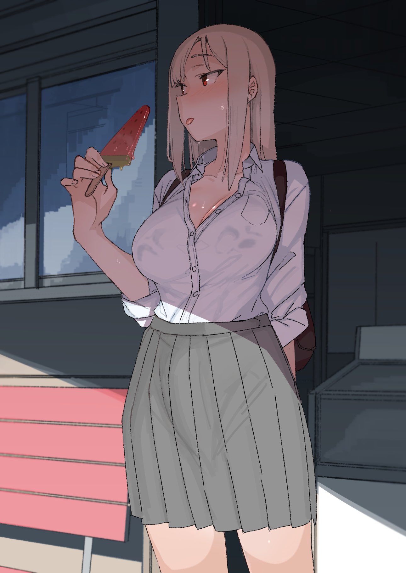 1girl blush breasts bulge cleavage closed_mouth collarbone food futanari highres large_breasts looking_to_the_side momo_no_suidou-sui original pleated_skirt popsicle red_eyes shadow shirt shirt_tucked_in skirt sleeves_rolled_up solo sunlight sweat tongue tongue_out watermelon_bar white_shirt