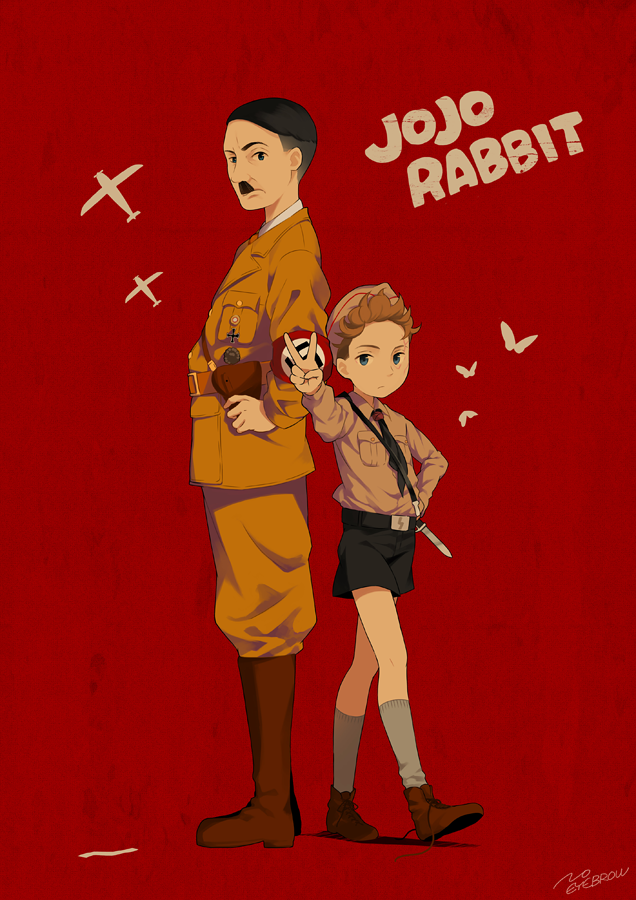 2boys adolf_(jojo_rabbit) artist_name black_hair blonde_hair blue_eyes boots censored copyright_name english_text facial_hair full_body garrison_cap grey_legwear hat johannes_betzler jojo_rabbit looking_at_viewer male_focus military military_uniform multiple_boys mustache nazi noeyebrow_(mauve) short_shorts shorts signature socks swastika toothbrush_mustache uniform untied v world_war_ii