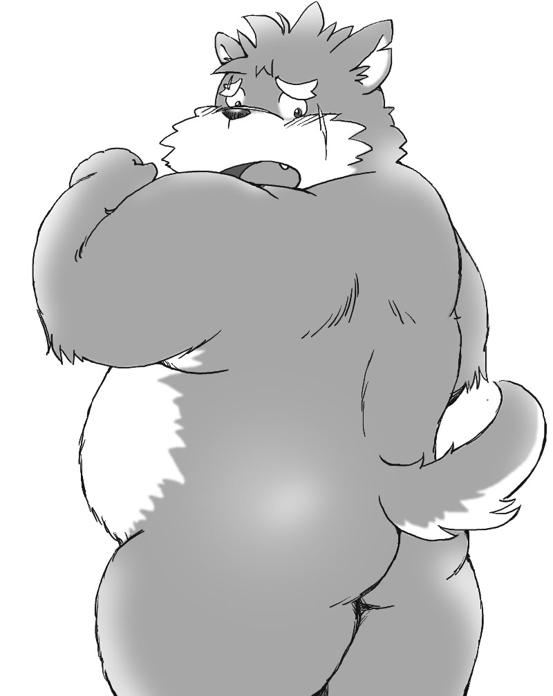2018 anthro blush butt canid canine canis dekatanu domestic_dog kemono male mammal monochrome moritaka overweight overweight_anthro overweight_male scar simple_background solo tokyo_afterschool_summoners video_games white_background