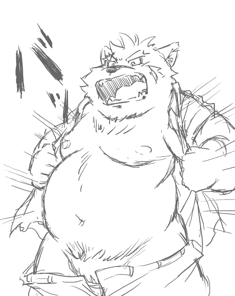 2018 anthro belly bottomwear canid canine canis clothed clothing dekatanu domestic_dog kemono male mammal monochrome moobs moritaka nipples open_clothing open_shirt open_topwear overweight overweight_anthro overweight_male pants shirt solo tokyo_afterschool_summoners topwear undressing video_games