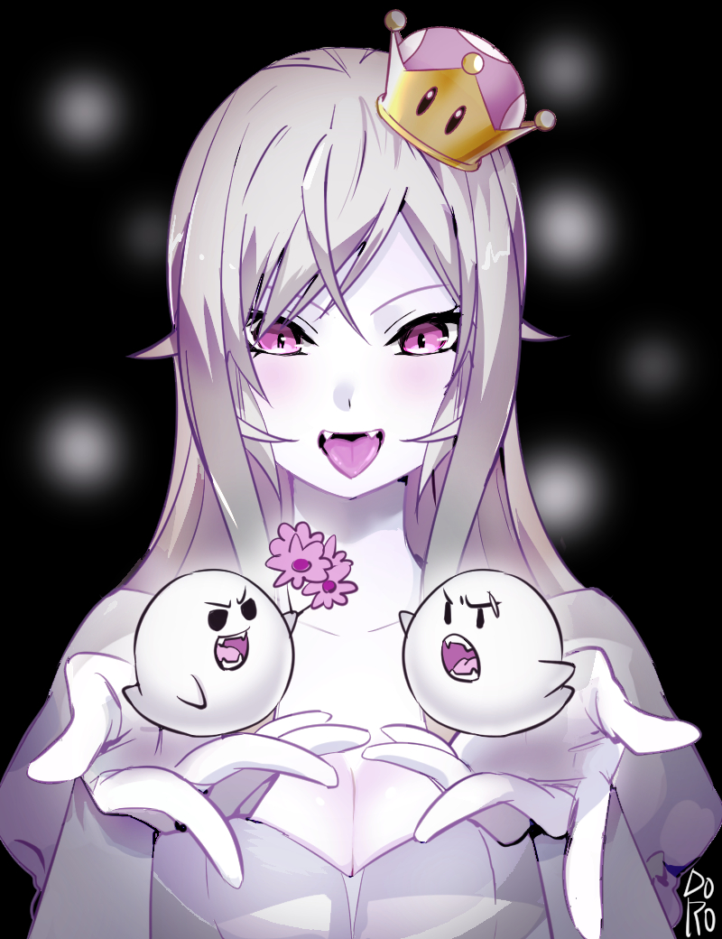 1girl artist_name black_background black_sclera boo breasts brown_hair cleavage collarbone commentary_request cosplay crown fangs flower gloves holding holding_flower large_breasts long_hair looking_at_another mini_crown nakiri_erina pale_skin pink_eyes pink_flower princess_king_boo princess_king_boo_(cosplay) puffy_short_sleeves puffy_sleeves purple_eyes scar shokugeki_no_souma short_sleeves super_crown tongue tongue_out uiui_(hage04195) white_gloves