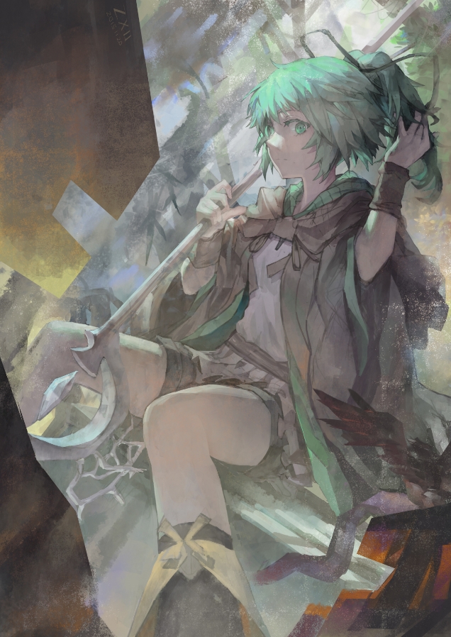 1girl armband artist_name bangs belt brown_belt brown_robe dated duel_monster green_eyes green_hair hair_between_eyes hair_ribbon hand_in_hair hand_up holding holding_staff hood hood_down hooded_robe looking_at_viewer open_clothes ponytail ribbon robe shirt shorts sitting sitting_on_object solo staff white_shirt wide_sleeves wynn yuu-gi-ou zeixique