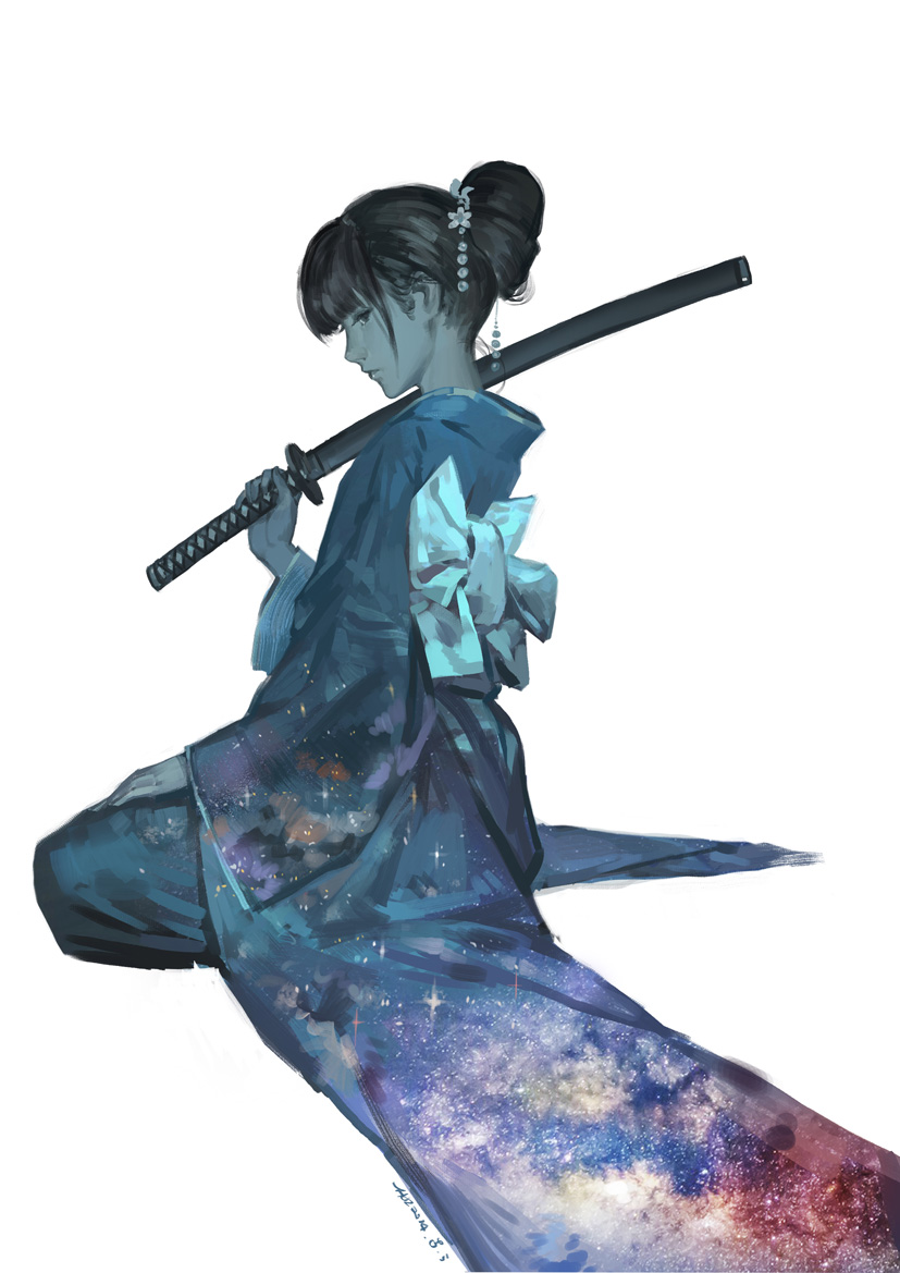 1girl black_hair di_qiu_wang_shi galaxy hjl holding holding_sword holding_weapon looking_back over_shoulder sitting solo sword tied_hair weapon white_background