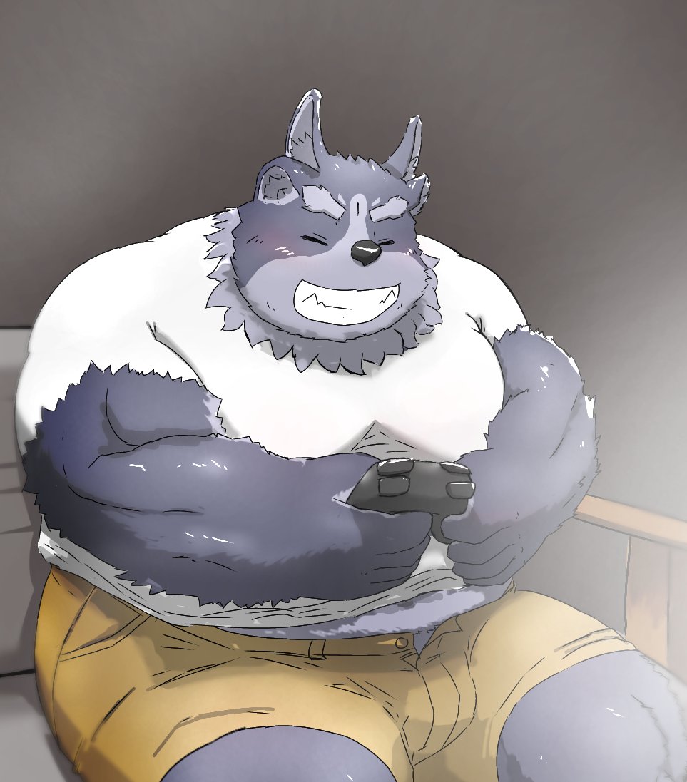 2020 anhrmgzo anthro belly black_nose blush bottomwear bulge clothing controller eyes_closed game_controller kemono male overweight overweight_anthro overweight_male shirt shorts solo tokyo_afterschool_summoners topwear tsathoggua video_games
