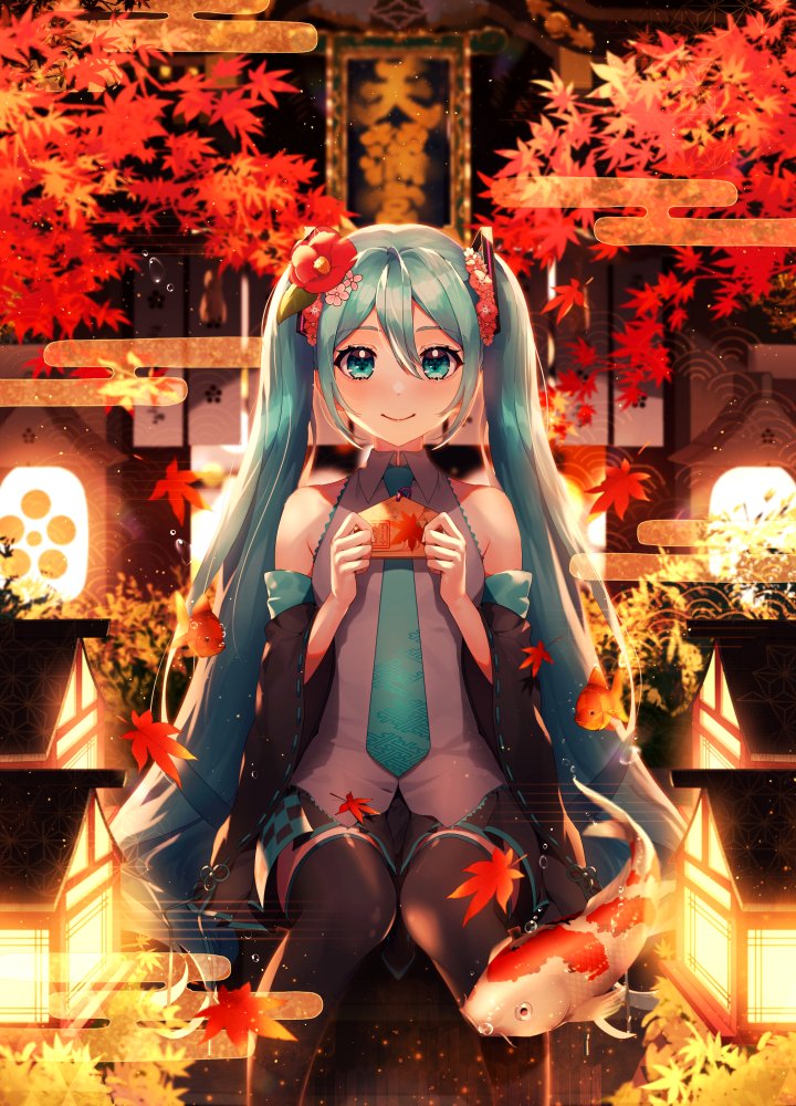 1girl aqua_eyes aqua_hair aqua_neckwear autumn_leaves bare_shoulders black_legwear black_skirt black_sleeves commentary detached_sleeves fish flower flying_fish goldfish grey_shirt hair_flower hair_ornament hatsune_miku hibiscus holding_charm knees_together_feet_apart lantern leaf long_hair looking_at_viewer maple_leaf miniskirt necktie peta_(snc7) pink_flower plaque pleated_skirt red_flower shirt sitting skirt sleeveless sleeveless_shirt smile solo temple thighhighs twintails very_long_hair vocaloid