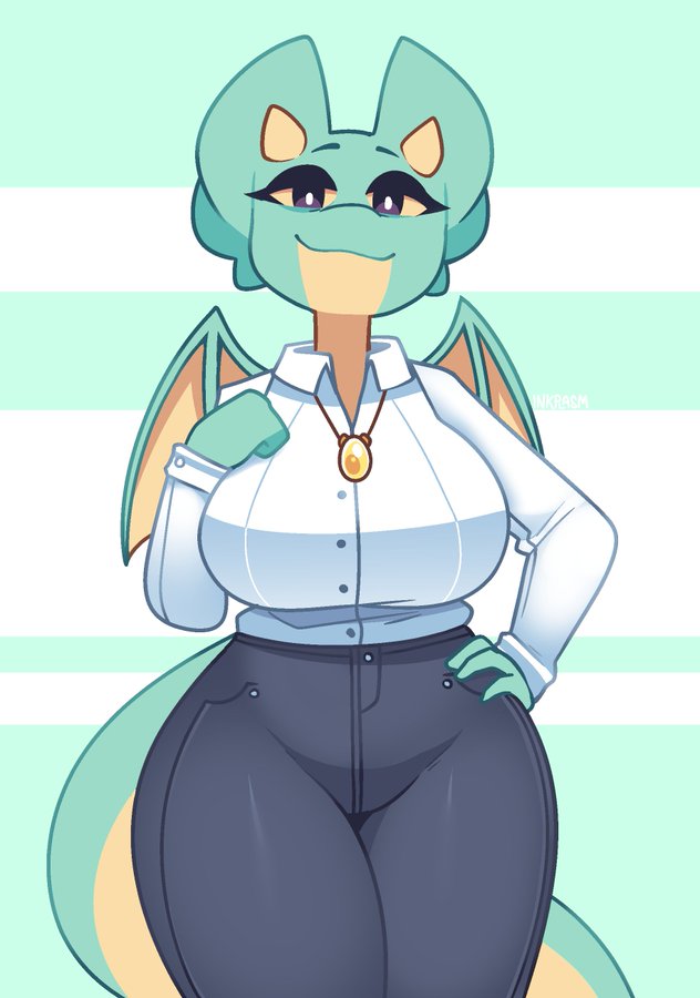 anthro bottomwear clothing dragon female hand_on_chest hand_on_hip inkplasm jewelry looking_at_viewer marilin_(kiwihermit) mature_female necklace office_clothing pants shirt smile solo topwear