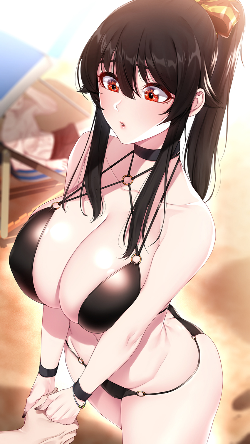 1boy 1girl akchu ass bangs bare_shoulders bikini black_bikini black_choker black_hair black_nails bloom blurry blurry_background blush bracelet breasts chobi_(akchu) choker cleavage collarbone commentary_request covered_nipples depth_of_field eyebrows_visible_through_hair hair_between_eyes hair_ribbon high_ponytail highres holding_hand holding_hands jewelry large_breasts long_hair looking_at_another multi-strapped_bikini o-ring o-ring_bikini o-ring_top original parted_lips ponytail red_eyes ribbon sidelocks solo_focus standing swimsuit