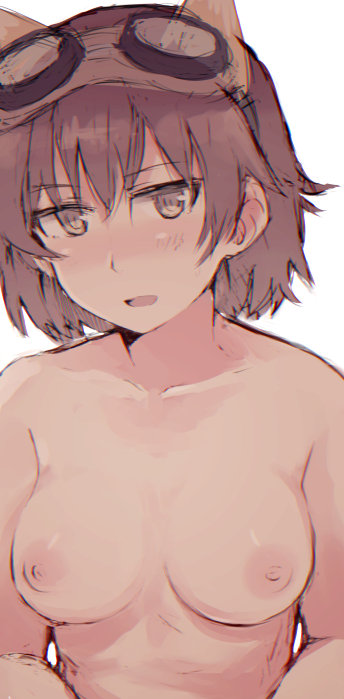 1girl animal_ears blush breasts brown_eyes brown_hair collarbone goggles goggles_on_head katou_keiko medium_breasts nipples nude ohashi_(hashidate) open_mouth short_hair sketch solo upper_body world_witches_series