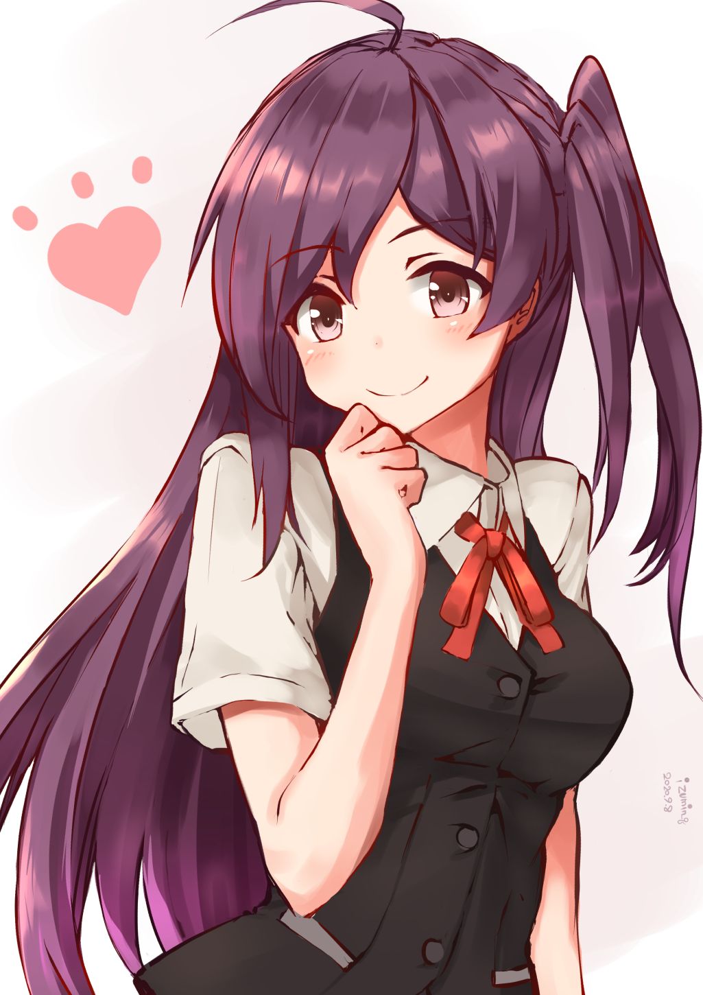 1girl ahoge black_vest commentary_request dress_shirt hagikaze_(kantai_collection) heart highres izumikuma kantai_collection long_hair neck_ribbon one_side_up purple_eyes purple_hair red_neckwear red_ribbon ribbon school_uniform shirt simple_background smile solo upper_body vest white_background white_shirt