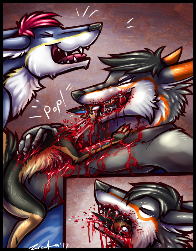 anthro blood bodily_fluids canid canine canis comic comic_page death decapitation female female_prey gore group group_sex hard_gore hard_vore lying male male/female mammal on_back on_front open_mouth sex size_difference size_play standing stihl swallowing threesome tongue vore wolf zrcalo