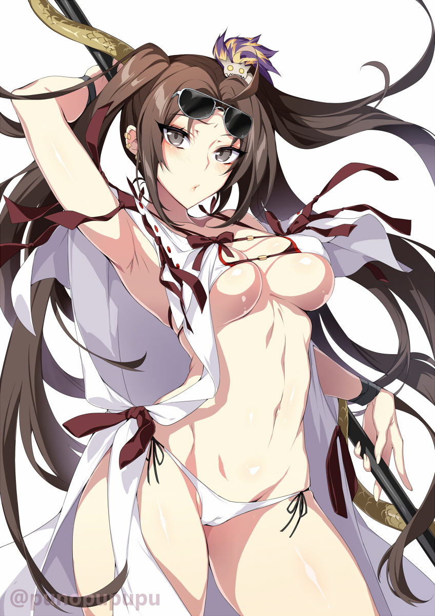 1girl arm_behind_head arm_up armpits bangs bare_shoulders bikini blush breasts brown_hair cleavage collarbone consort_yu_(fate) earrings eyewear_on_head fate/grand_order fate_(series) grey_eyes hair_ornament highres jewelry large_breasts long_hair looking_at_viewer multiple_earrings navel open_clothes open_mouth polearm robe simple_background spear sunglasses swimsuit twintails very_long_hair weapon white_background white_bikini yu_miaoyi_(swimsuit_lancer) zeroshiki_kouichi