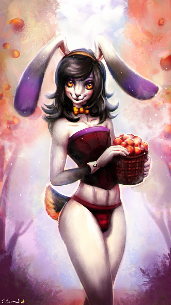 2020 9:16 accessory anthro background_sky black_hair bulge clothed clothing colored corset digital_drawing_(artwork) digital_media_(artwork) digital_painting_(artwork) food fruit fur girly glowing hair hi_res lagomorph leporid lingerie looking_at_viewer male mammal panties plant rabbit rizonik shaded simple_background smile solo sparkles topwear underwear white_body white_fur yellow_eyes