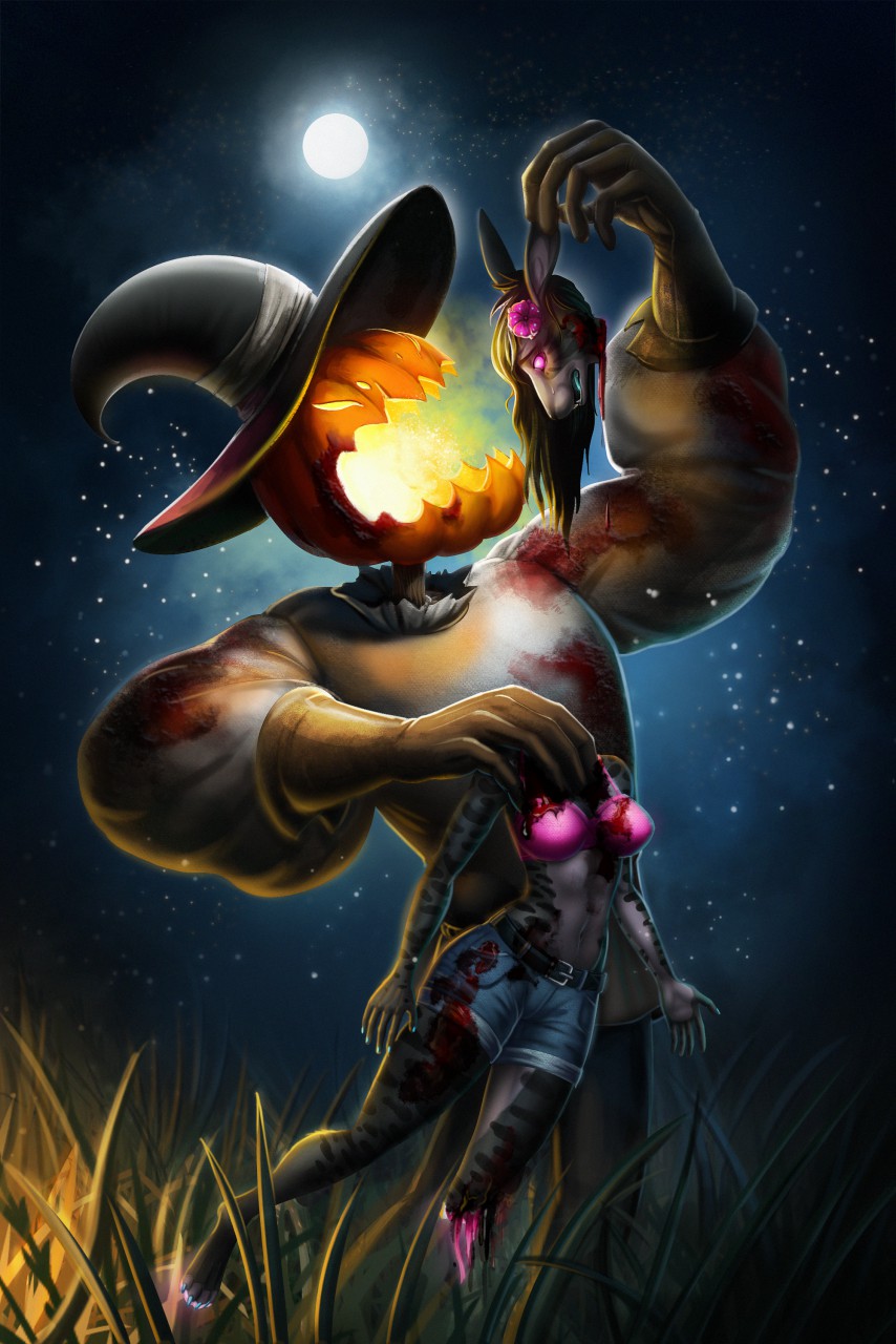 2020 accessory anthro background_sky big_breasts blood blood_on_clothing bodily_fluids breasts claws clothed clothing colored digital_drawing_(artwork) digital_media_(artwork) digital_painting_(artwork) duo elemental_creature female fire flora_fauna flower flower_in_hair food fruit fur glowing gore group hair hair_accessory halloween handwear hat headgear headwear hi_res holidays humanoid jack-o'-lantern lagomorph leporid light male mammal markings monster moon moonlight multicolored_body not_furry open_mouth plant pumpkin pumpkin_head rabbit rizonik thick_thighs underwear