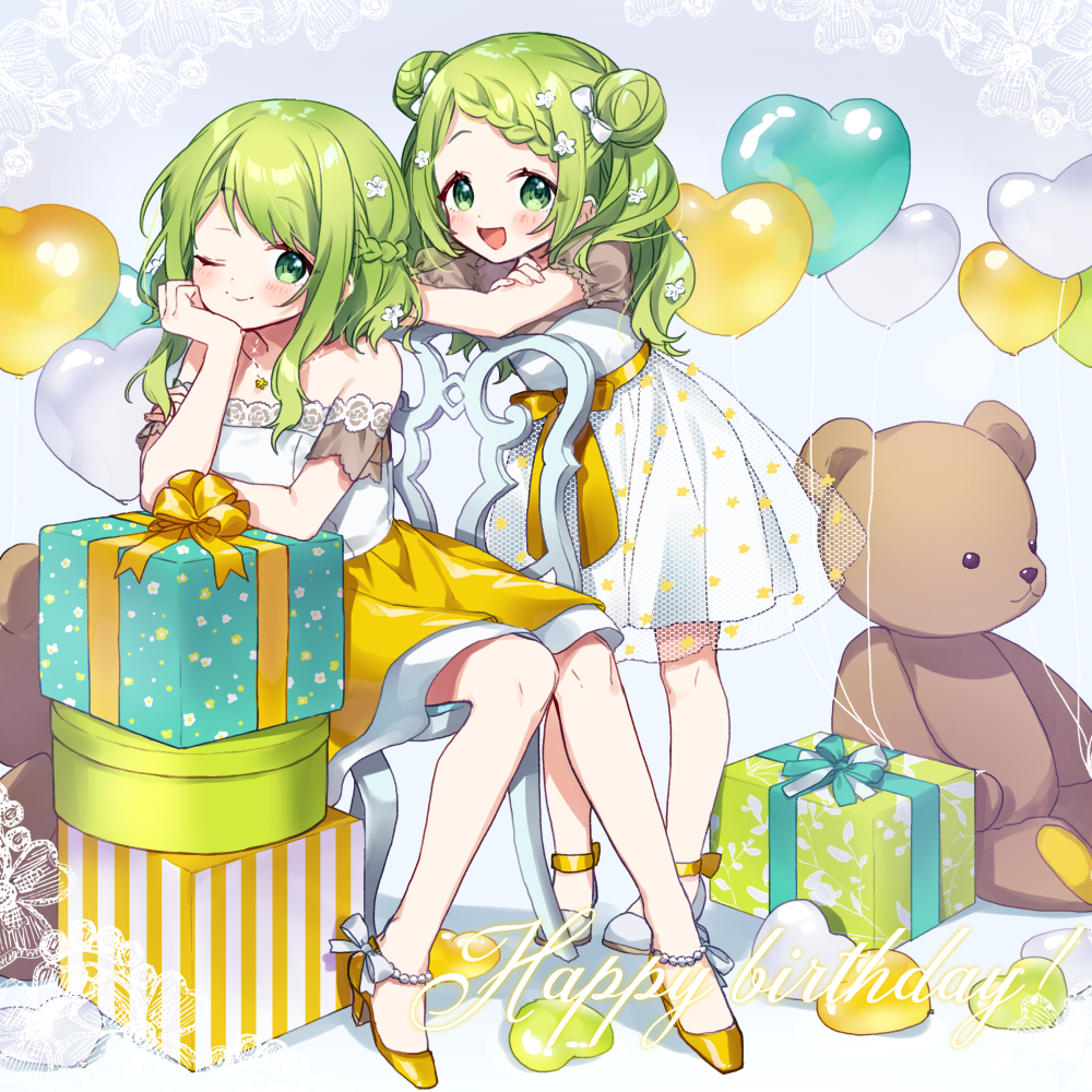 2girls :d ;) balloon bangs bare_shoulders blush bow box braid braided_bangs chair collarbone double_bun dress dual_persona flower gift gift_box green_eyes green_hair hair_bow hair_flower hair_ornament hand_up happy_birthday head_in_hand heart_balloon high_heels long_hair morinaka_kazaki multiple_girls nijisanji on_chair one_eye_closed open_mouth puffy_short_sleeves puffy_sleeves see-through shoes short_sleeves sitting smile standing strapless strapless_dress stuffed_animal stuffed_toy swept_bangs teddy_bear virtual_youtuber white_bow white_dress white_flower white_footwear yamabukiiro yellow_footwear