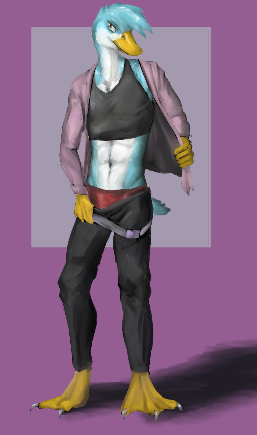 abs anatid anseriform anthro asurii avian barefoot belly bird blue_body blue_feathers bottomwear claws clothed clothing duck feathers hair hi_res jacket legwear male membrane_(anatomy) muscular muscular_anthro muscular_male nenwef pants partially_clothed shirt simple_background skimpy solo starbound topwear undershirt undressing video_games webbed_feet webbed_hands white_belly