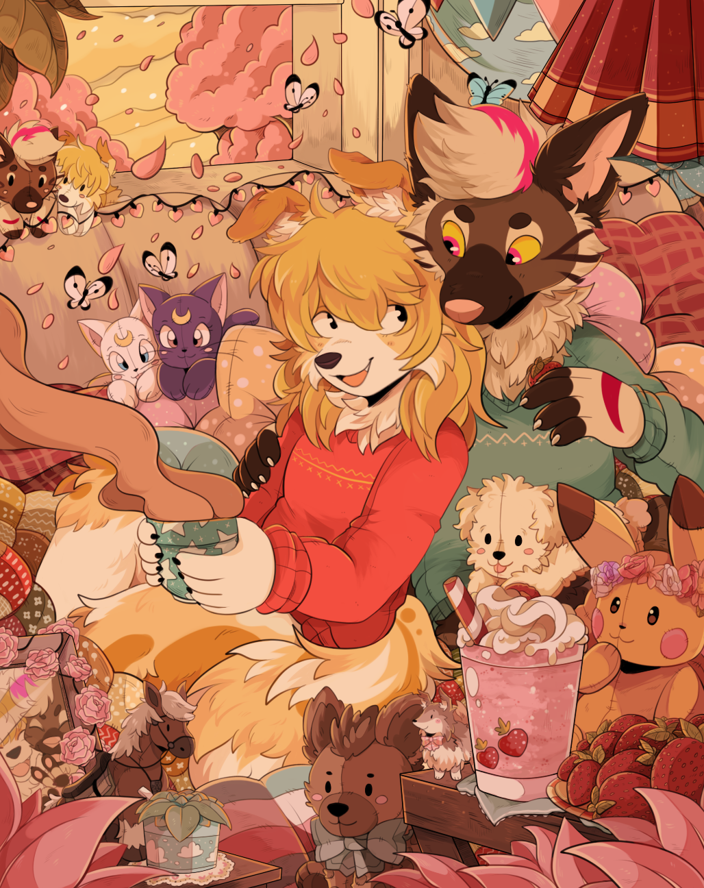 2019 ambient_arthropod ambient_butterfly ambient_insect anthro arthropod brown_body brown_fur butterfly canid canine canis clothed clothing detailed_background domestic_dog duo_focus female feral fur group hi_res holding_cup holding_object insect lepidopteran looking_at_another male mammal open_mouth open_smile pink_nose plushie sherwind smile straw sweater topwear yellow_body yellow_fur