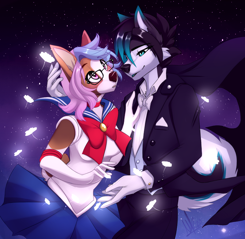 2020 anthro black_nose blue_hair canid canine canis clothed clothing digital_media_(artwork) domestic_dog duo eyewear female glasses hair mammal pink_eyes smile wolflady