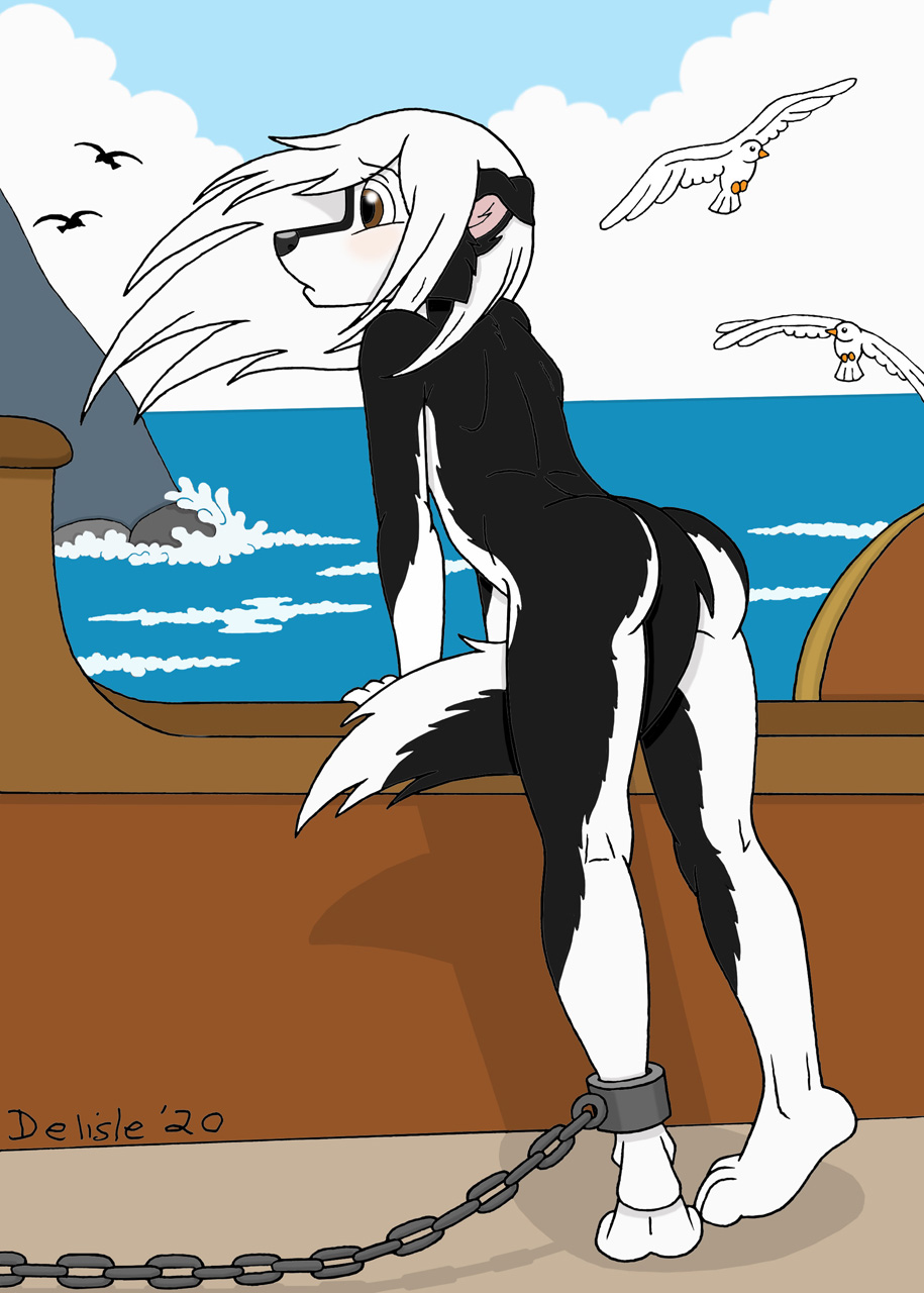 2020 anthro black_body black_fur boat brown_eyes canid canine canis chained delisle domestic_dog female fur hair hi_res mammal solo vehicle water watercraft white_hair