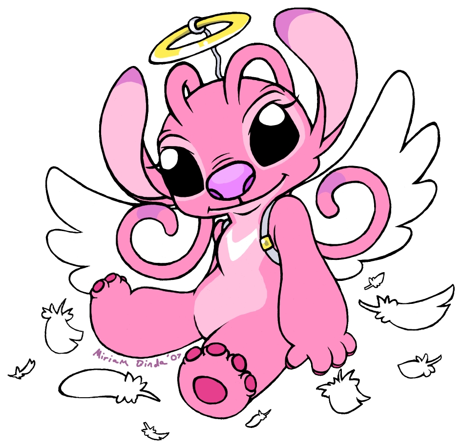 2007 alien angel angel_(lilo_and_stitch) antennae_(anatomy) black_eyes claws disney experiment_(lilo_and_stitch) feathers female_(lore) lilo_and_stitch long_ears miriamthebat pawpads pink_claws pink_inner_ear pink_pawpads purple_nose ring semi-anthro simple_background sitting solo toe_claws white_background white_body white_feathers wings