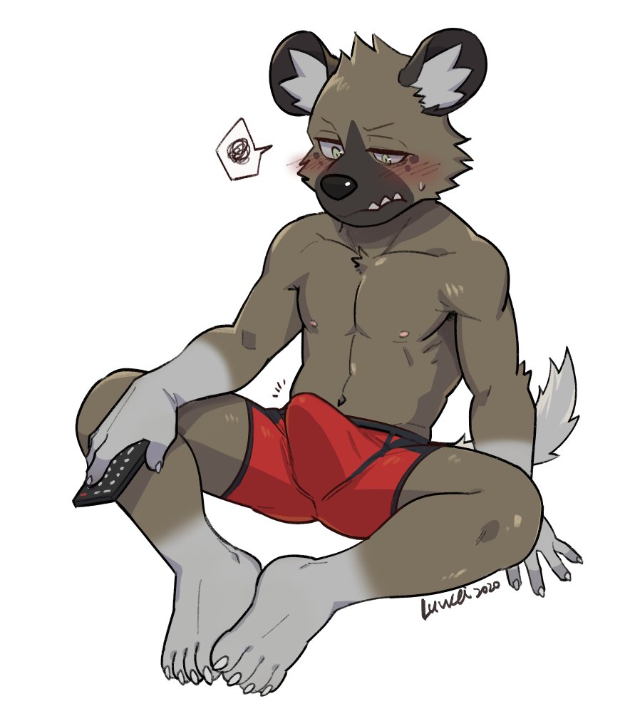 aggressive_retsuko anthro blush bodily_fluids bulge chang52084 clothed clothing erection erection_under_clothing haida hyaenid luwei_(artist) male mammal muscular muscular_anthro muscular_male sanrio sitting solo sweat sweatdrop topless underwear