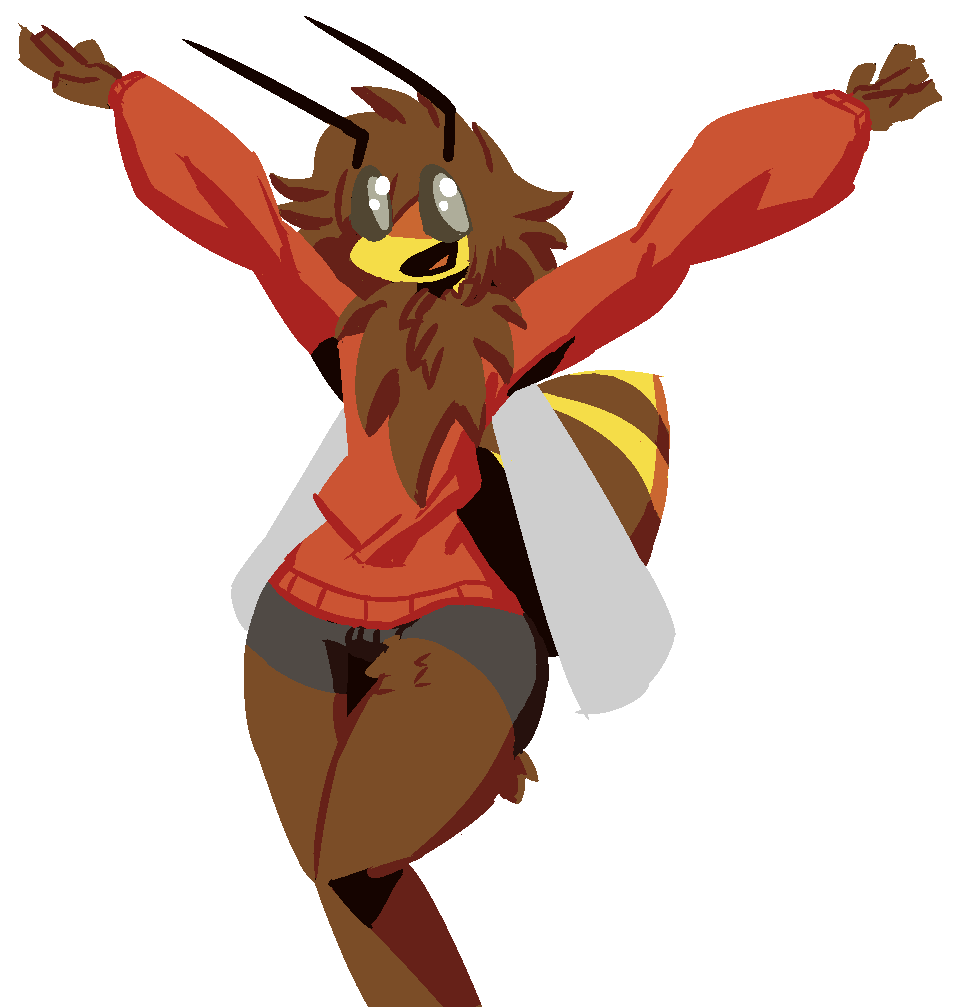 :d antennae_(anatomy) anthro arthropod arthropod_abdomen bee bottomwear brown_body brown_fur brown_hair bulge clothing dakuterooty fur girly hair hoodie hymenopteran insect lineless male neck_tuft raised_arm shorts smile solo topwear tuft wings yellow_body yellow_fur