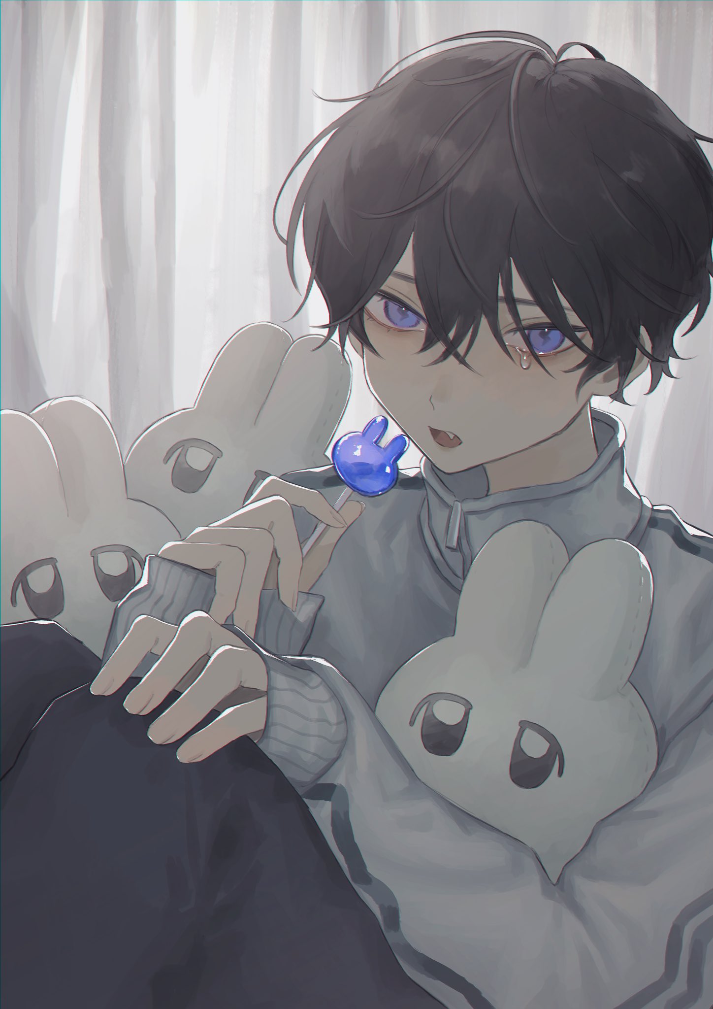 1boy artist_request black_hair black_pants blue_eyes bunny candy curtains doll_hug fang food grey_jacket hand_on_own_knee highres holding holding_candy holding_food holding_lollipop jacket lollipop long_sleeves open_mouth original pants short_hair sitting solo tears turtleneck_jacket