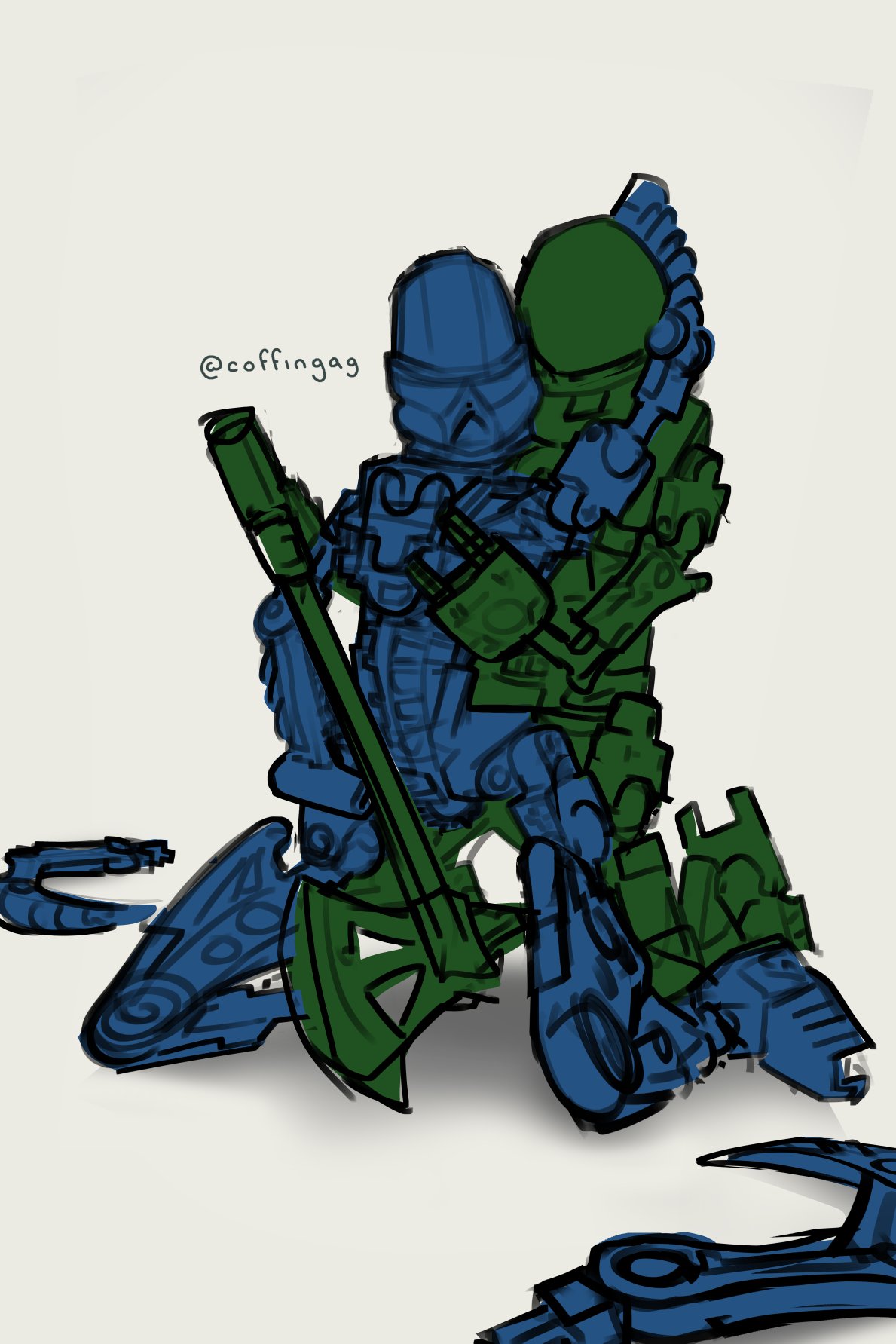 2_fingers ambiguous_gender armor axe bionicle biped blue_body coffingag digital_drawing_(artwork) digital_media_(artwork) duo fingerless fingers from_behind_position gali green_body hand_on_head hi_res holding_object holding_weapon hooks humanoid kneeling kneeling_down lego lewa machine mask melee_weapon not_furry polearm robot seductive sex simple_background spreading text toa weapon