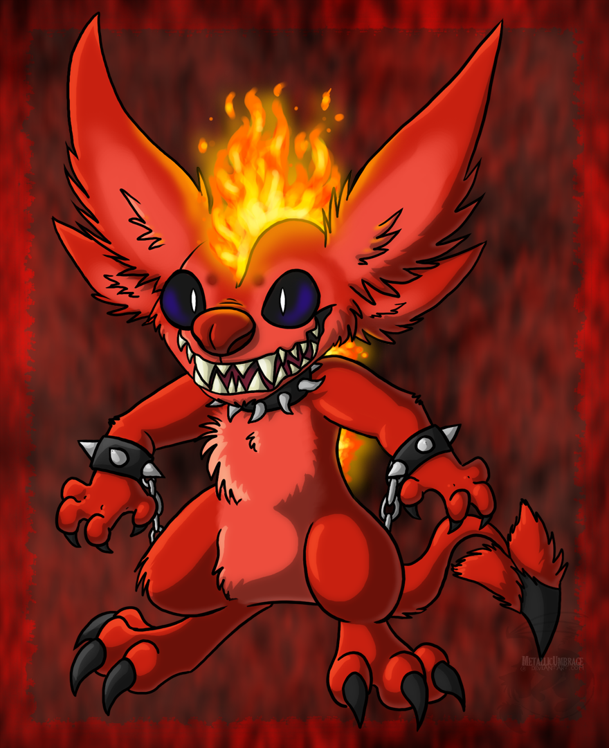 alien ambiguous_gender black_claws chest_tuft claws collar disney experiment_(lilo_and_stitch) fan_character fingers fire flaming_hair fur lilo_and_stitch metallicumbrage pseudo_hair red_body red_fur red_nose semi-anthro sharp_teeth signature smile solo spiked_collar spikes standing teeth toe_claws toes tuft white_eyes